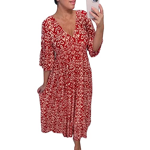 MAOAEAD Bohemian Casual Print V-Ausschnitt Elastische Taille Wrap Langes Kleid Eleganter Druck Maxikleid für Frauen Sommer Lose Rüschenärmel Strandkleider (Rot, 3XL) von MAOAEAD