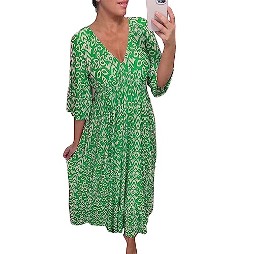 MAOAEAD Bohemian-Stil, lässiger Druck, V-Ausschnitt, elastische Taille, langes Kleid, eleganter Druck, Maxikleid für Damen, Sommer, lockere Rüschenärmel, Strandkleider (Grün, Größe 4XL) von MAOAEAD