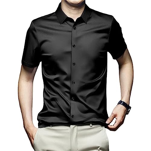 MAOAEAD Herren Bügelfreies knitterfreies Hemd Sommer Kurzarm Eisseide Business Shirt New Slim Smooth Stretch Shirt (Black D-3,43/3XL) von MAOAEAD