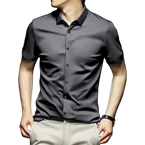 MAOAEAD Herren Bügelfreies knitterfreies Hemd Sommer Kurzarm Eisseide Business Shirt New Slim Smooth Stretch Shirt (Dark Grey D-4,43/3XL) von MAOAEAD