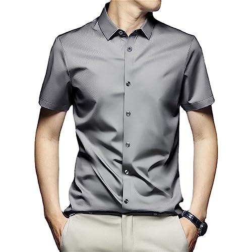 MAOAEAD Herren Bügelfreies knitterfreies Hemd Sommer Kurzarm Eisseide Business Shirt New Slim Smooth Stretch Shirt (Light Grey D-6,43/3XL) von MAOAEAD