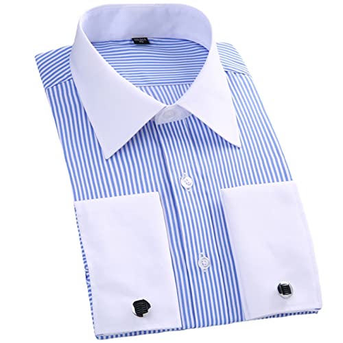 MAOAEAD Herren Langarm Hemd Klassische Französische Manschetten Gestreiftes Kleid Hemd Single Patch Tasche Standard-Fit Business Hemden von MAOAEAD