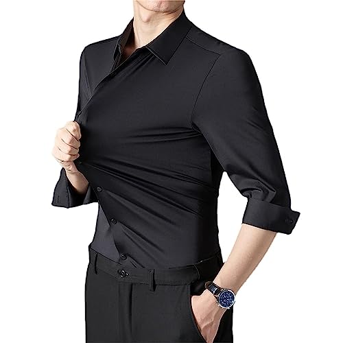MAOAEAD High Elastic Seamless Long Sleeve Shirts Men Luxury Non Iron Solid Color Shirt Silk Smooth Business Casual Shirt (39/M,Black) von MAOAEAD