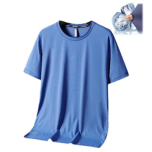 MAOAEAD Ice Silk Round Neck T-Shirt, Men's Summer Ice Silk Quick Drying Short Sleeve T-Shirt, Casual Stretch Breathable Thin Sports T Shirt (6XL(225-248Ib),Color Blue) von MAOAEAD