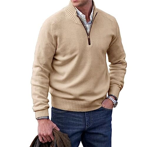 MAOAEAD Men's Cashmere Zipper Basic Sweater, Quarter Zip Pullover Mens Winter Long-Sleeve Fleece Tops Warm Jumpers (L,Apricot) von MAOAEAD