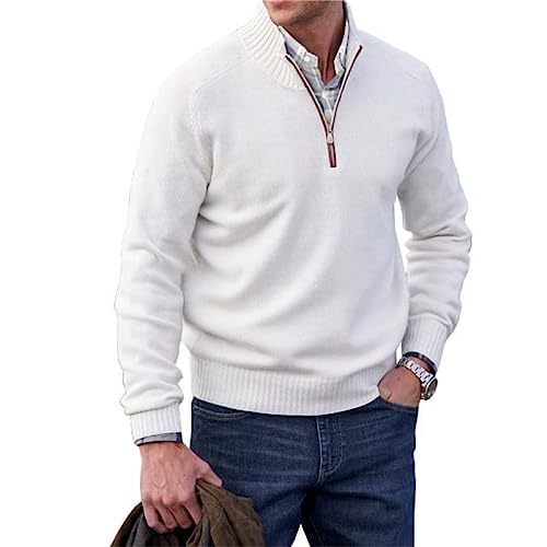 MAOAEAD Men's Cashmere Zipper Basic Sweater, Quarter Zip Pullover Mens Winter Long-Sleeve Fleece Tops Warm Jumpers (L,White) von MAOAEAD