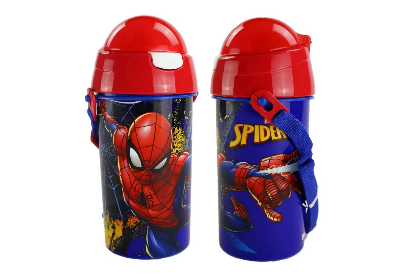 MARVEL Trinkflasche Marvel Spiderman Wasserflasche 500 ml, Flasche mit integriertem Trinkhalm und Tragegurt von MARVEL