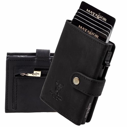 MATADOR Slim Wallet Miami – Leder Kreditkartenetui mit POP-UP Kartenhalter - mit RFID-Schutz & Münzfach - Mini Portemonnaie – kleine Geldbörse Männer mit Geschenkverpackung Schwarz von MATADOR