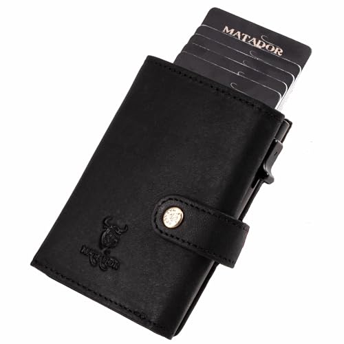 MATADOR Slim Wallet Tokio – Leder Kreditkartenetui mit POP-UP Kartenhalter - mit RFID-Schutz & Münzfach - Mini Geldbeutel Klein - kleines Karten Portemonnaie mit Geschenkverpackung Schwarz von MATADOR