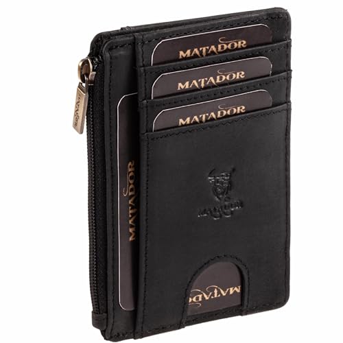MATADOR Ultra Slim Wallet Montreal mit großem Reißverschlussfach- Dünnes Flaches Leder Portemonnaie für Damen & Herren – mit RFID-Schutz – Kreditkartenetui - inkl. Geschenk-Box -Schwarz von MATADOR