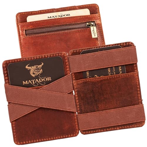 MATADOR Magic Slim Wallet Herren Leder Kreditkartenetui mit Münzfach | Karten Geldbeutel Geldtasche Portemonnaie Herren RFID Schutz & Geschenk-Box | Mini Wallet Kartengeldbeutel Männer Vintage Braun von MATADOR