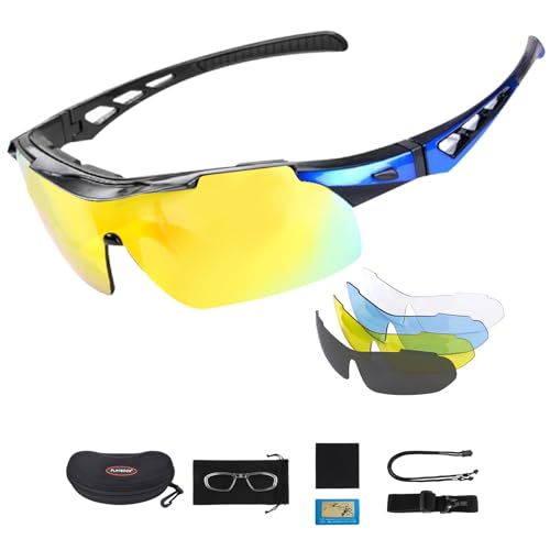 MATT SAGA Polarisierte Sport Sonnenbrille Unisex Radbrille UV-Schutz Fahrradbrille mit 5 Wechselgläser Sportbrille für Radfahren Fahren Golf Baseball Volleyball Fischen Klettern (Blau) von MATT SAGA