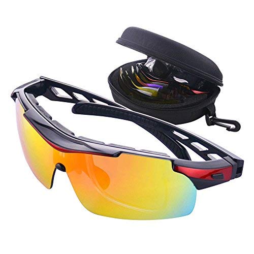 MATT SAGA Polarisierte Sport Sonnenbrille Unisex Radbrille UV-Schutz Fahrradbrille mit 5 Wechselgläser Sportbrille für Radfahren Fahren Golf Baseball Volleyball Fischen Klettern (Rot) von MATT SAGA