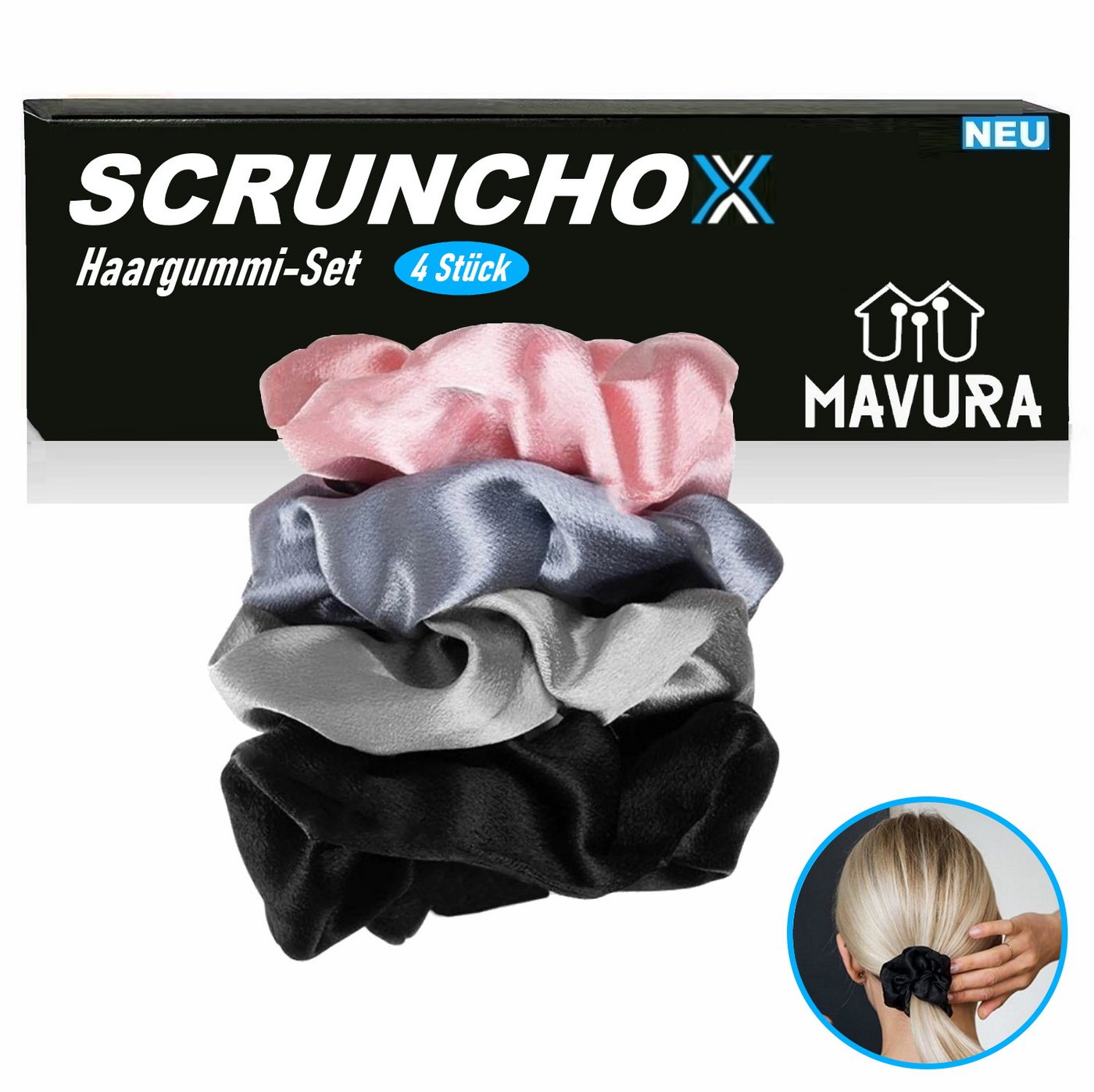 MAVURA Haargummi SCRUNCHOX Zopfhalter Scrunchies Set Haarband, Haarbänder Zopfgummi Zopfband elastisch [4er Set] von MAVURA
