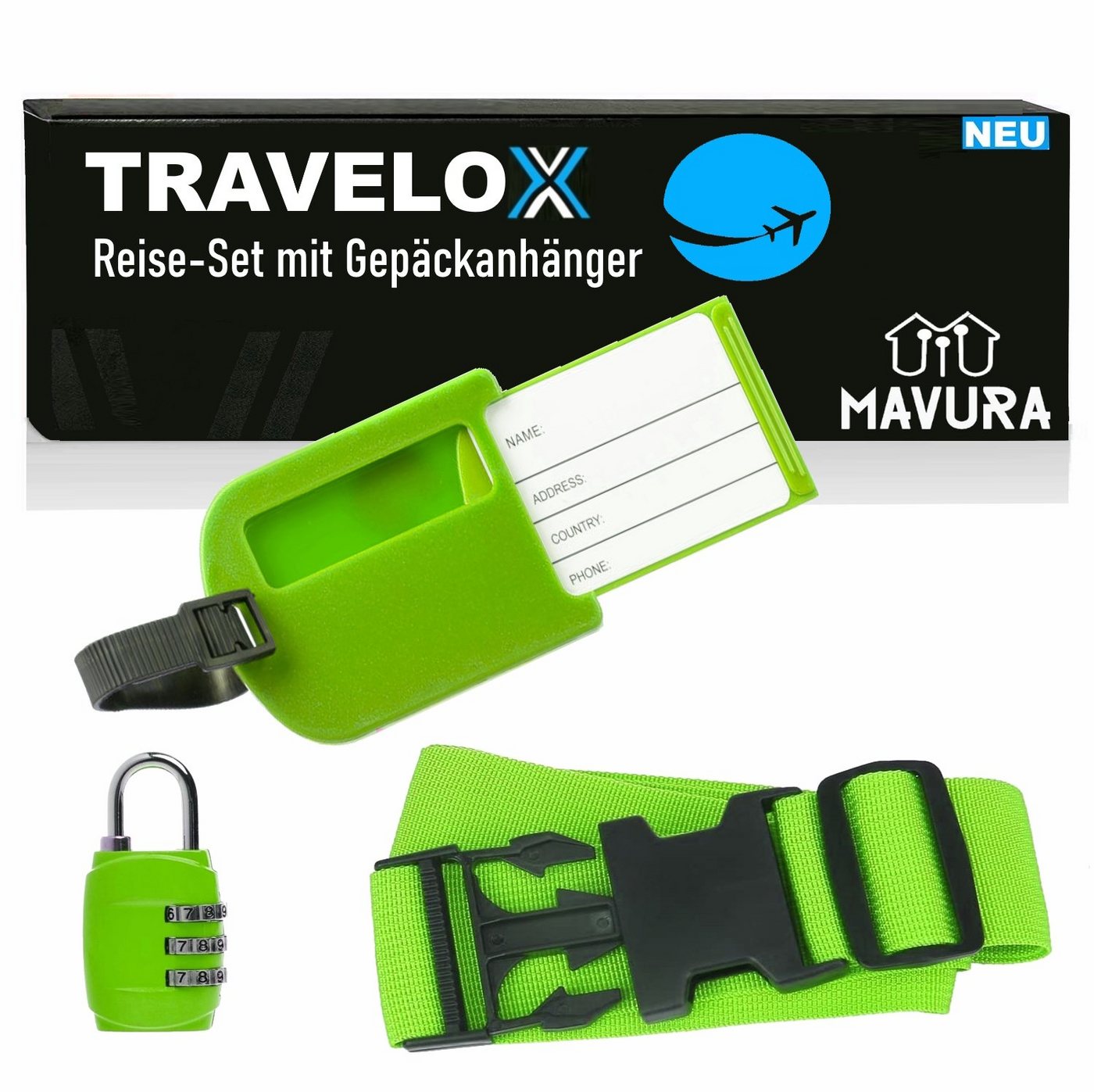 MAVURA Koffergurt TRAVELOX Reise-Set Kofferband Gepäckgurt Grün mit, (Adressanhänger Kofferanhänger), Adressschild Gepäckanhänger & Zahlenschloss 3tlg von MAVURA