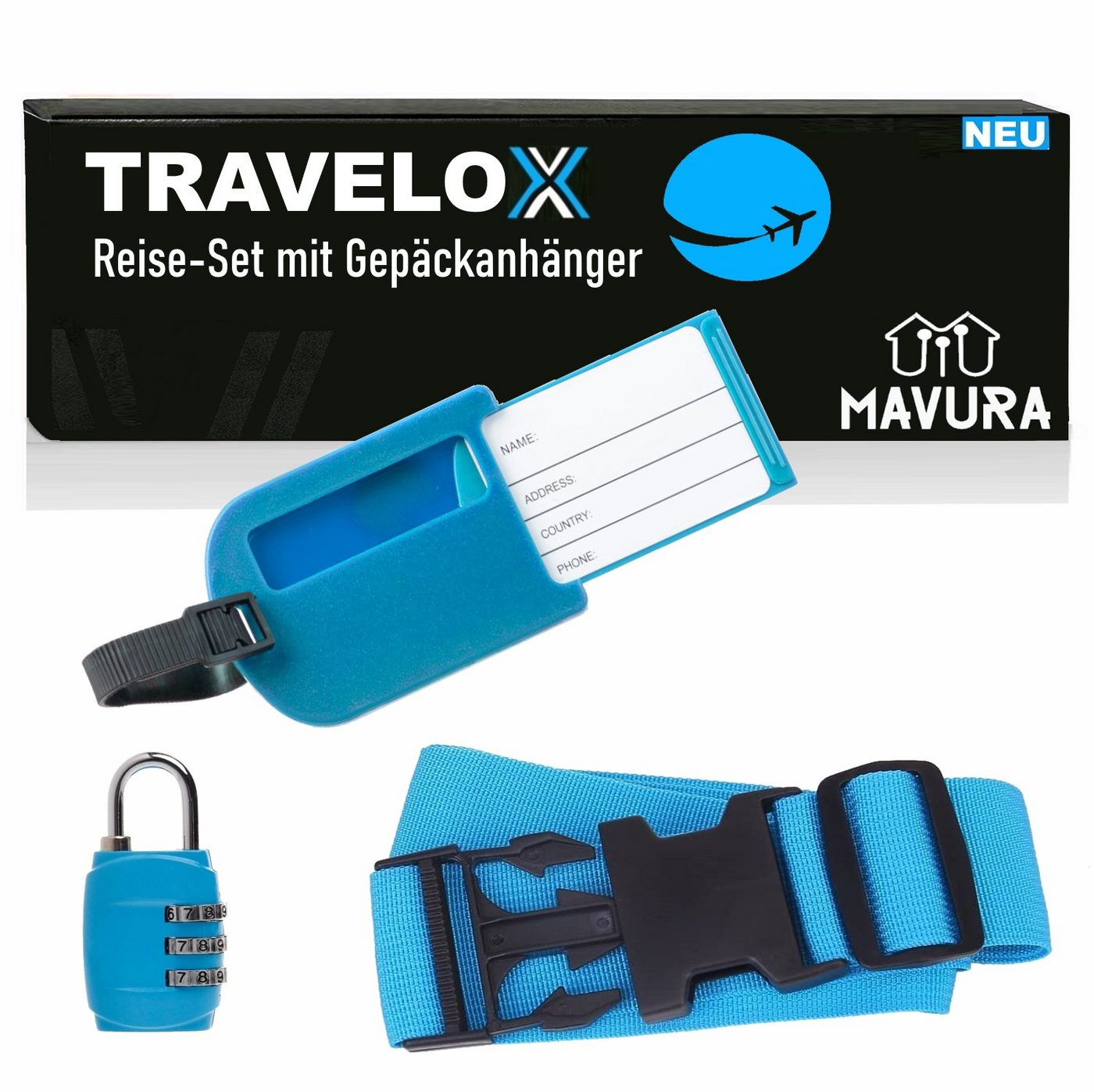 MAVURA Koffergurt TRAVELOX Reise-Set Kofferband Gepäckgurt Türkis mit, (Adressanhänger Kofferanhänger), Adressschild Gepäckanhänger & Zahlenschloss 3tlg von MAVURA