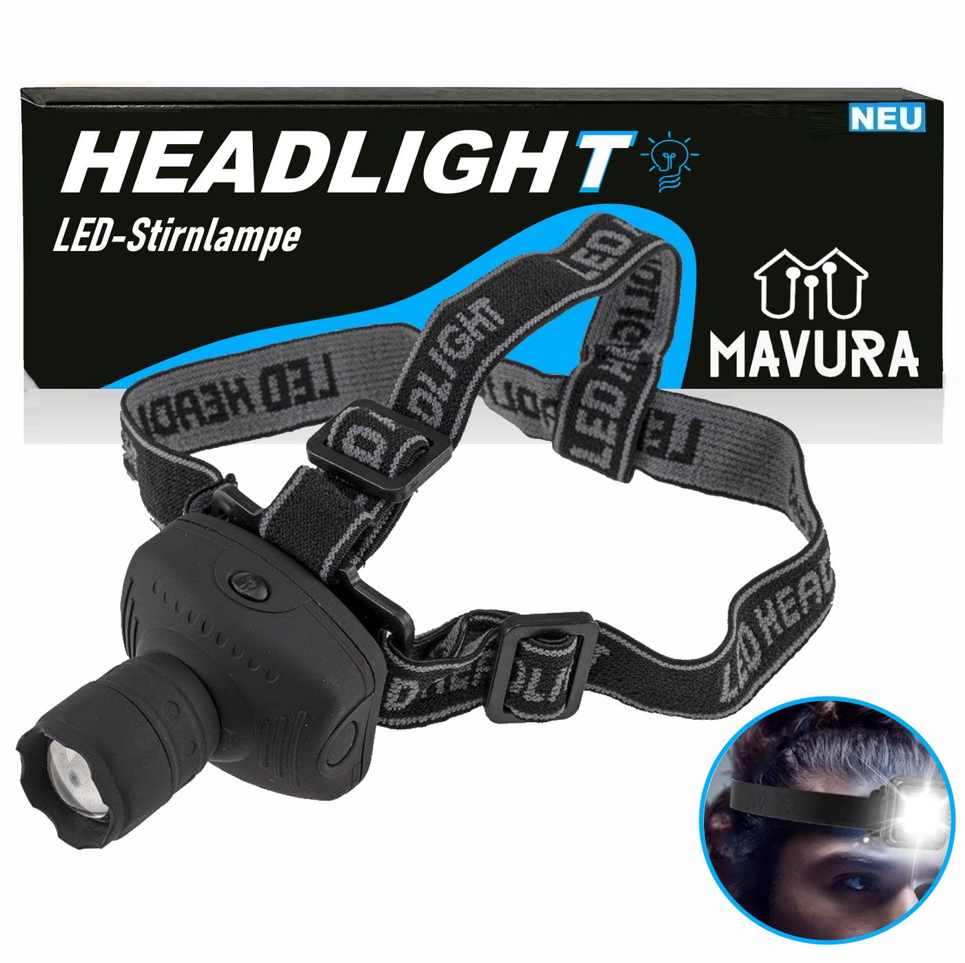 MAVURA Kopflampe LED Stirnlampe Kopfleuchte Zoomfunktion & Blinkfunktion Kopf Lampe, Leuchte Kopflampen Stirnlampen Stirn Lampe Wasserdicht Batterie von MAVURA