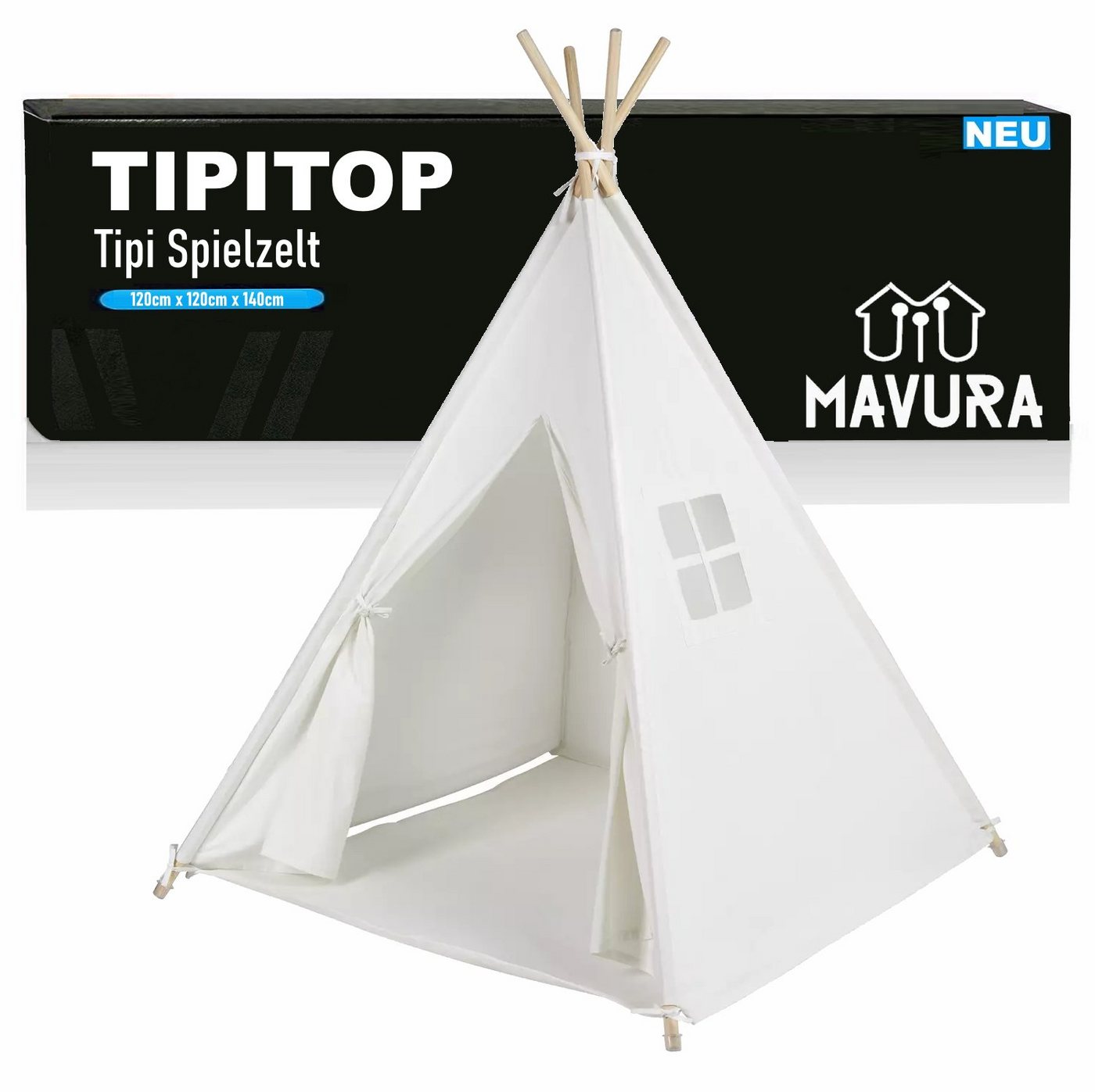 MAVURA Tipi-Zelt TIPITOP Kinder Tipi Zelt Tippi Spielzelt Kinderzelt Kinderzimmer, mit Fenster 120x120x140 von MAVURA