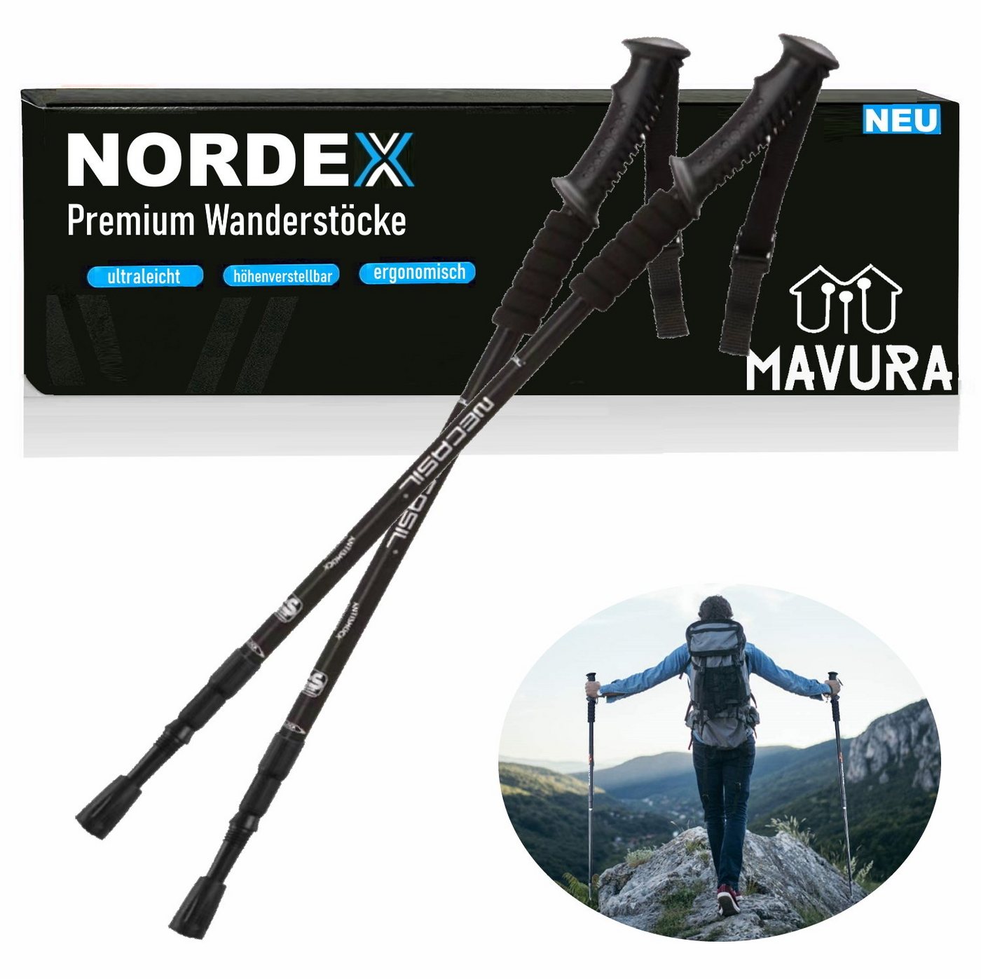 MAVURA Wanderstöcke NORDEX Wanderstock Set Aluminium Nordic Walking Stöcke, Teleskop ultraleicht Trekking Stöcke [2 Stück] von MAVURA