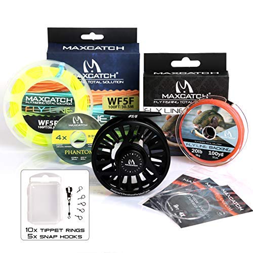 MAXIMUMCATCH Fliegenrolle Avid Serie Fliegenfischen Rollen groß Arbor Angelrolle in 1/3, 3/4, 5/6, 7/8, 9/10wt, 5 Farbe Wahl (Schwarze Rolle+Schnüre Combo, 5/6wt) von MAXIMUMCATCH