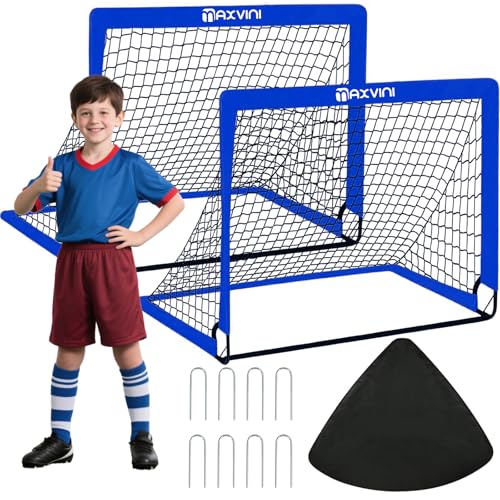 MAXVINI Fussballtore für Garten Kinder 90x74x74cm Fußballtor mit Glasfaserstangen Indoor/Outdoor Tornetzen Faltbares Pop-Up Set inkl.6 Hütchen Tragetasche 8 Bodenhaken​ von MAXVINI