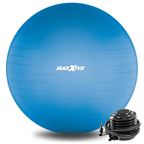 MAXXIVA® Gymnastikball 75 cm Anti-Burst mit Luftpumpe bis 250 kg hautfreundlicher Sitzball Reha Hometraining Balanceball Yoga Pilates Sport Fitnessball (75 cm, Blau) von MAXXIVA