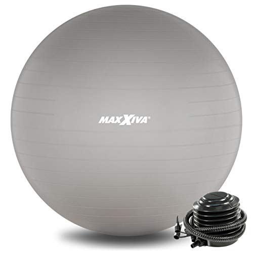 MAXXIVA® Gymnastikball 75 cm Anti-Burst mit Luftpumpe bis 250 kg hautfreundlicher Sitzball Reha Hometraining Balanceball Yoga Pilates Sport Fitnessball(75 cm, Silber) von MAXXIVA