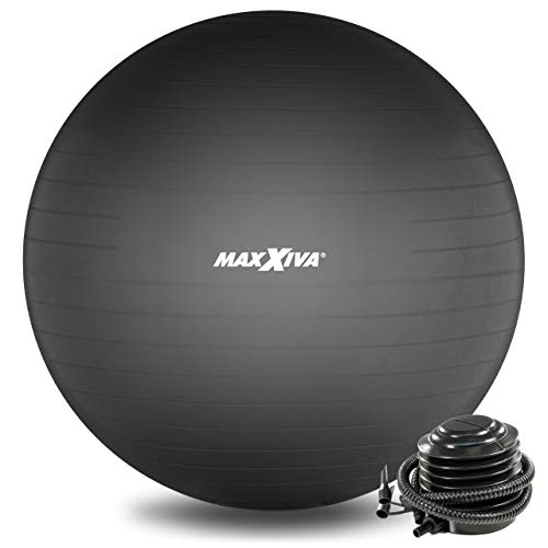 MAXXIVA® Gymnastikball Anti-Burst mit Luftpumpe bis 250 kg hautfreundlicher Sitzball Reha Hometraining Balanceball Yoga Pilates Sport Fitnessball (65 cm, Schwarz) von MAXXIVA