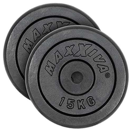 MAXXIVA Hantelscheiben 2er Set Gewichtsplatte je 15 kg 100% Gusseisen schwarz 30 kg Fitness Krafttraining Bodybuilding Workout Gewichtheben Reha von MAXXIVA
