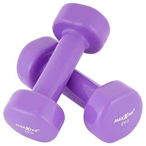 MAXXIVA Hantelset Kurzhanteln Vinyl Stahlkern Fausthanteln Gymnastikhanteln Sport Krafttraining Fitness Gewicht Farbe wählbar (lila (2 x 2 kg)) von MAXXIVA