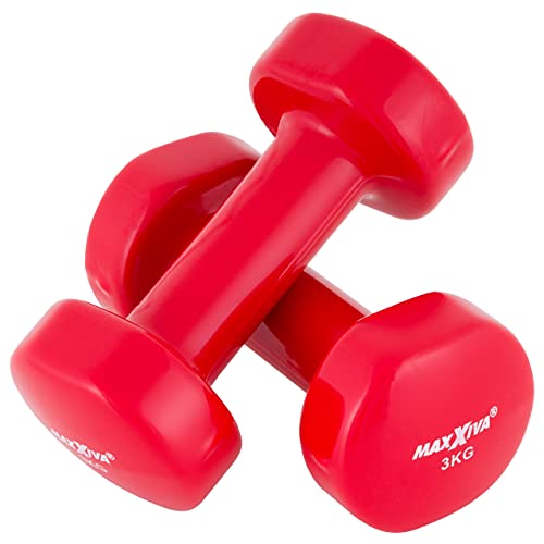 MAXXIVA Hantelset Kurzhanteln Vinyl Stahlkern Fausthanteln Gymnastikhanteln Sport Krafttraining Fitness Gewicht Farbe wählbar (rot (2 x 3 kg)) von MAXXIVA