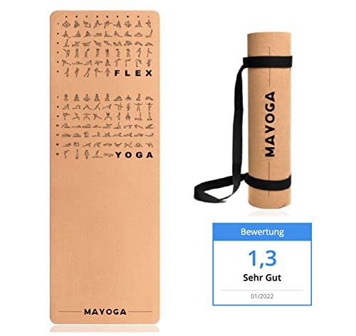 MAYOGA® Yogamatte aus Kork inklusive extra Tragegurt | mit Dehn- & Yogaübungen | Testsieger 01/2022 mit der Note 1,3 | Die perfekte Kork Yogamatte mit 6 mm Dicke | 183 x 61 x 0,6 cm von MAYOGA