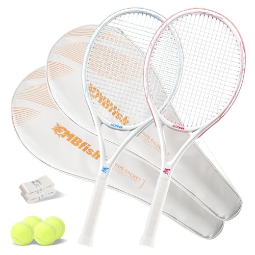 MBFISH Tennisschläger – Super Value Set mit widerstandsfähigen Saiten, bequemer Griff, 68,6 cm Tennisschläger für Erwachsene, inklusive 4 Tennisbälle, 2 Overgrips und 1 Tennistasche, Pinkblau 2P von MBFISH