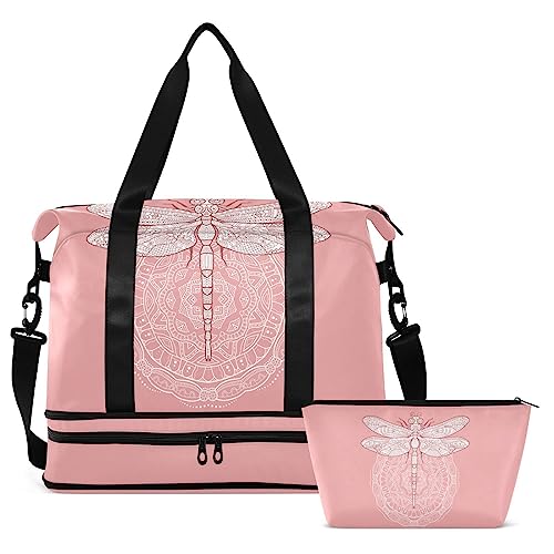 Dragonfly Mandala Reisetasche für Damen und Herren, Sporttasche mit Schuhfach, Nassfach, Handgepäck, Wochenend-Übernachtungstaschen für Reisen, Wochenendausflüge, Mehrfarbig, Large von MCHIVER