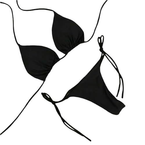 MCZY Bikini Damen Set 2 -Teiliges Bikini Set Feste Farbhalter Halfter Tanga Badeanzug Frauenstrand Badeanzug Set.-Schwarz-M von MCZY