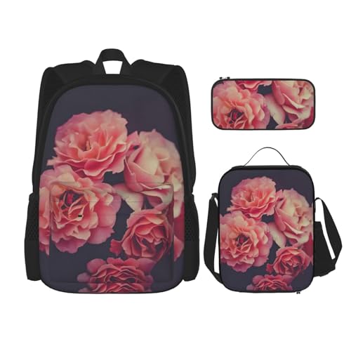 MDATT Kawaii Rucksack mit Lunchbox-Set, 3-in-1-Federmäppchen, passende Kombination, lila und gelbe Blume, Pink Rose 5, Einheitsgröße von MDATT