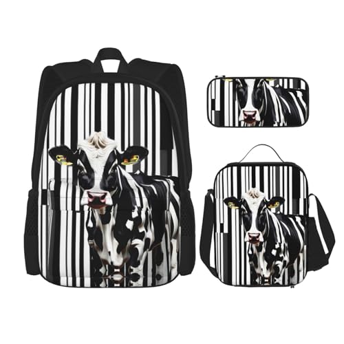 MDATT Milchkuh-Rucksack mit Lunchbox und Federmäppchen, 7,6 cm, Kawaii-Rucksäcke mit Lunchtasche, passende Kombination, Schwarz / Weiß von MDATT