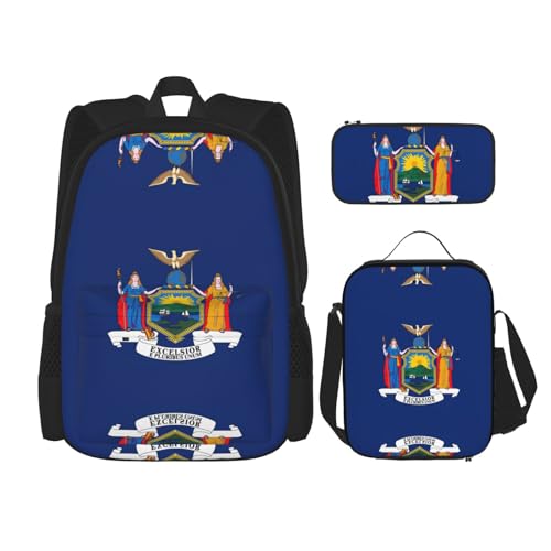MDATT Rucksack mit New York-Flagge, mit Lunchbox und Federmäppchen, 7,6 cm, Kawaii-Rucksäcke mit Lunchtasche, passende Kombination von MDATT