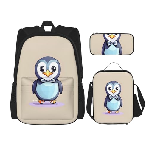 MDATT Rucksack mit niedlichem Pinguin-Druck, Lunchbox und Federmäppchen, 7,6 cm, Kawaii-Rucksäcke mit Lunch-Tasche, passende Kombination von MDATT