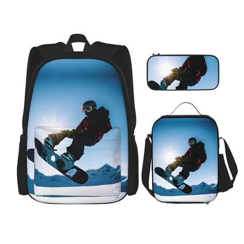 MDATT Snowboard-Bilderrucksack mit Lunchbox und Federmäppchen, 7,6 cm, Kawaii-Rucksäcke mit Lunchtasche, passende Kombination von MDATT