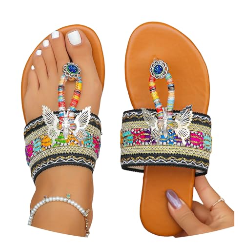 MEECHI Böhmen Flip Flops Mit Schmetterling Damen Elegant Zehentrenner Sandaletten Vintage Flache Pantoffeln Sommer Clip -Toe Hausschuhe Freizeit Strandschuhe PU-Leder Big Toe Slippers(37 EU) von MEECHI