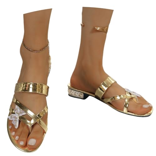 MEECHI Flip Flops Mit Niedriger Absatz Damen Sommer Zehentrenner Sandalen PU-Leder Clip -Toe Hausschuhe Glänzend Pantoffeln Mit Strass-Schmetterling Braut Elegant Abendschuhe Für Party(37 EU) von MEECHI