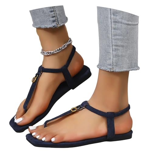 Square Toe Flip-Flops Mit Gummiband Damen Sommer Fashion Zehentrenner Sandalen Elegant Flache Clip -Toe Sandals Vintage Römische Sandaletten Böhmen Strandschuhe(Blue,40 EU) von MEECHI