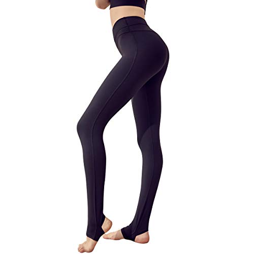 MEESU Frauen Yoga Hosen mit Steigbügel Gamaschen Bauch Kontroll Trainings Hose für Turnhallen Laufübung (T009 Schwarz, M) von MEESU YOGA