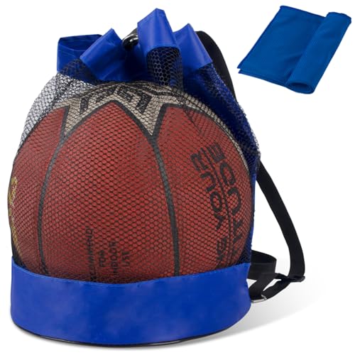 MEGAVOW Tragbare Ballsack, Ballnetz Net Tasche, Fußball Meshbag, Basketball Volleyball Handball Netztasche mit Schnelltrocknendem Sporthandtuch, Balltasche Sporttaschen für Schule Draußen (Blau) von MEGAVOW