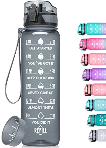 Trinkflasche 1L Sportflasche Auslaufsicher, MEITAGIE BPA-frei Tritan Wasserflasche mit Fruchtfilter & Motivationszeitmarkierung, kohlensäure geeignet, Trinkflasche für Kinder, Fahrrad, Schule, Fitness von MEITAGIE