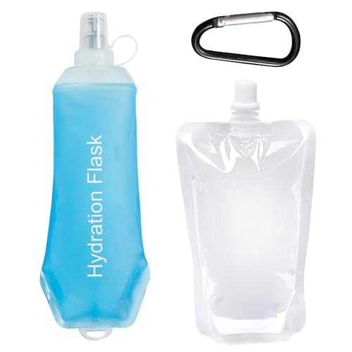 1 Faltbare Wasserflasche mit 1 Getränkebeutel mit gerader Öffnung und 1 Karabiner, Flache Wasserflasche, weiche Wasserflasche, Getränkebeutel, Faltbarer Wasserbeutel, Laufflasche mit Griff (Cyan) von MEMOFYND