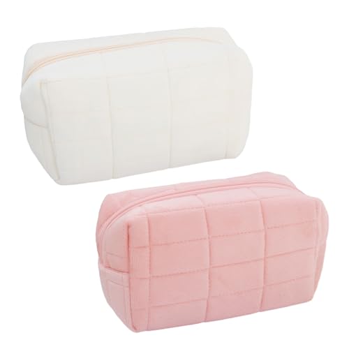 2 Pieces Checkered Cosmetic Bag, Plush Cosmetic Bag, Skin Care Bag, Travel Toiletry Bag, Portable, Suitable for Cosmetic Storage (Pink, White) von MEMOFYND