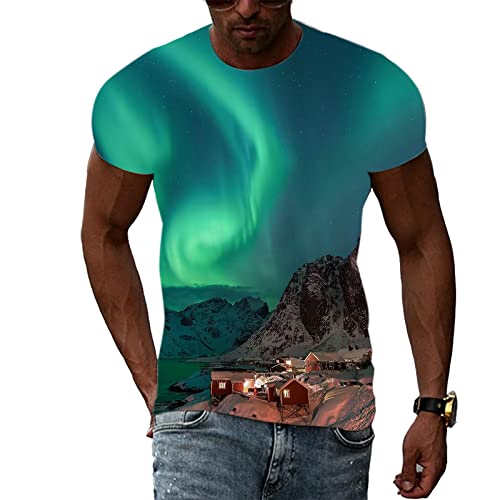 MERVOS Blau Aurora Borealis T Shirt Herren Damen Casual Personalisierte Natur Landschaft Muster Kurzarm Top von MERVOS