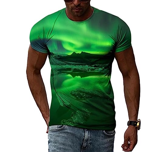MERVOS Grünes Aurora-Muster kreatives T-Shirt Herren lässiger 3D-Druck Rundhalsausschnitt Kurze Ärmel von MERVOS